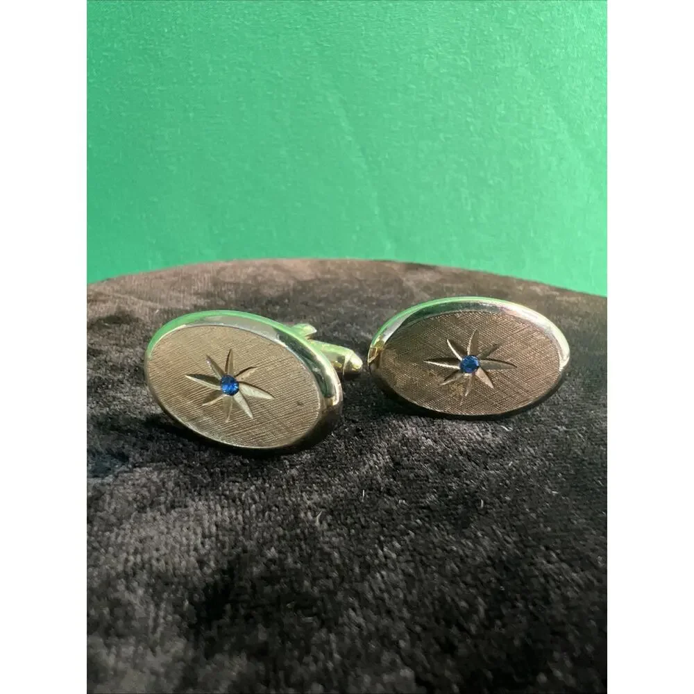 VTG Gold Tone Cufflinks & Tie Clip Blue Rhinestone Starburst Mid Century Avon